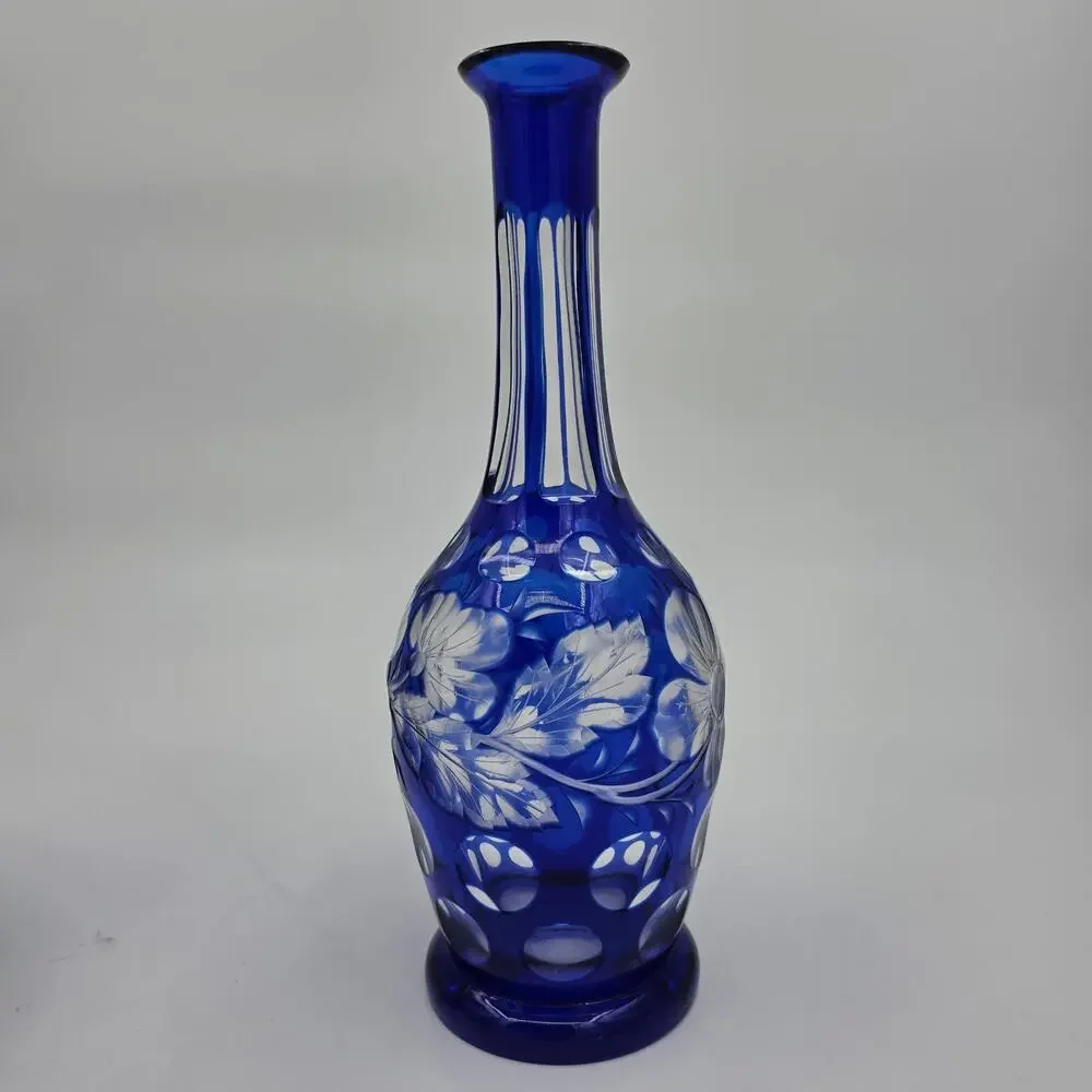 Vintage Bohemian Cobalt Blue Cut to Clear Glass Floral Dot Carafes - Pair 10.5
